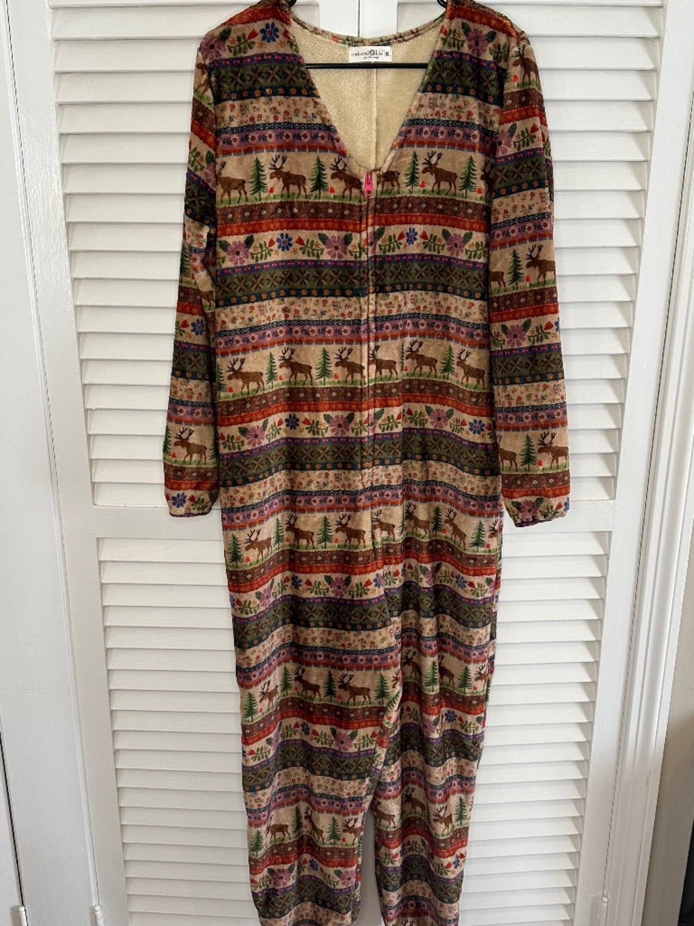 Natural Life Size M Super Soft Fleece Fair Isle Moose Sleeper Union Suit Pajamas